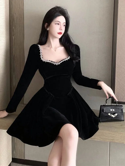 lovwvol QWEEK Vintage Elegant Black Party Dresses Evening Retro Velvet Tepmweament Wrap Slim Mini Short Dress Square Collar