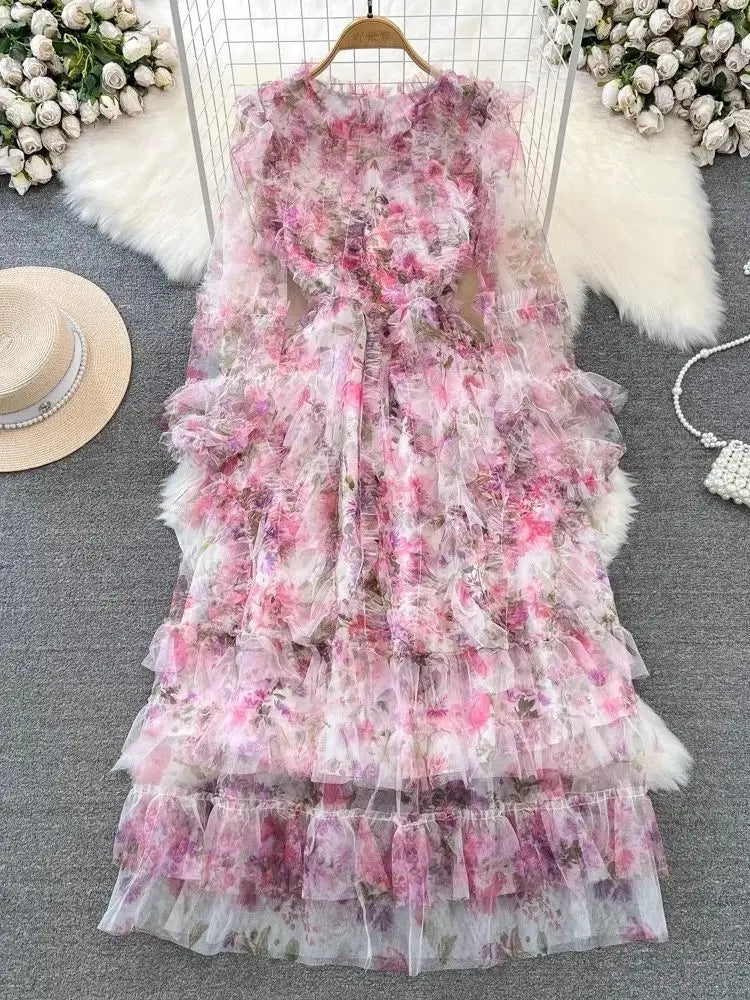 Fashion Gorgeous Flower Mesh Cascading Ruffles Dress Women's Stand Butterfly Sleeve Pink Floral Print Fairy Maxi Vestido