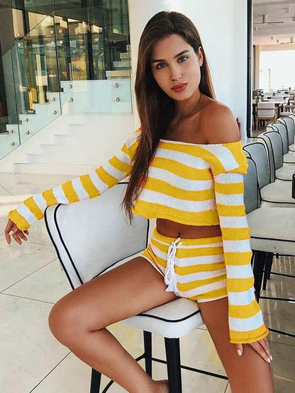 lovwvol  -  Summer Knit Stripe Crop Top Shorts Sets Women Casual Long Sleeve Top Lace Up Female Suits Spring Beach Holiday Lady Suit