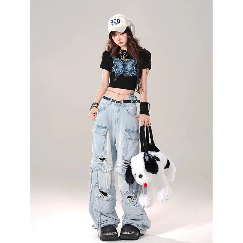 lovwvol Women Blue Pocket Baggy Cargo Jeans Harajuku Streetwear 90s Y2k Oversize Denim Trousers Vintage 2000s Style Trashy Jean Pants