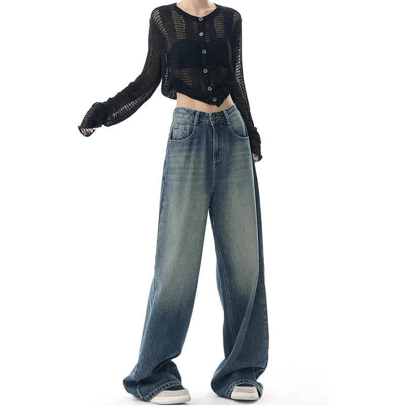 lovwvol - Streetwear Style Blue Straight Jeans Vintage High Waist Full Length Pants Women Korean Style Wide Leg Baggy Y2K Denim Trouser