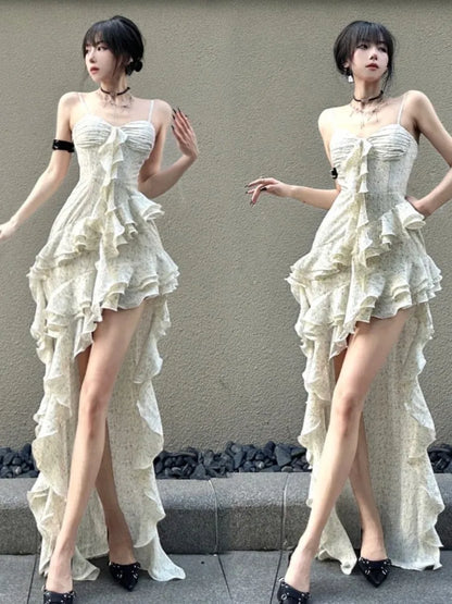 lovwvol Y2K Spaghetti Strap Irregular Dress Women Layered Ruffles Slim Sexy Party Dress Spring New Prom Robe Wedding