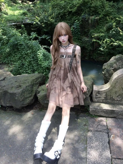 lovwvol   Vintage Y2k Cyber Punk Mini Brown Dress Women Grunge Korean Style Spaghetti Strap Dresses Harajuku Print Tulle Vestidos