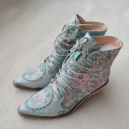 lovwvol HOT sale Women ankle boots plus size 22-26.5cm Chinese style embroidered flowers lace-up booties tapered heel women boots