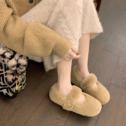 lovwvol women's plush flat shoes winter warm outdoor snow boots Fashion round toe design cotton shoes Mary Jane shoes Large size 41-43