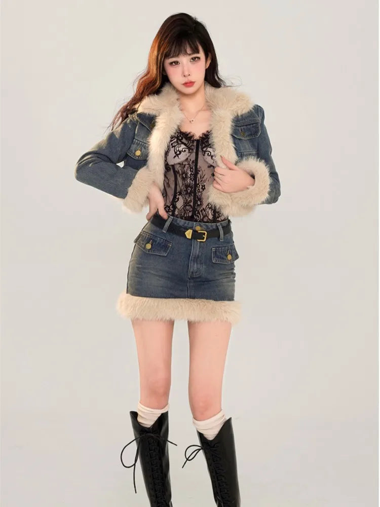 lovwvol Blue Denim Faux Fur Short Skirt Suit for Women Autumn Winter New Fashion 2-piece Set Fur Brim Style Jacket Tops+Mini Skirts