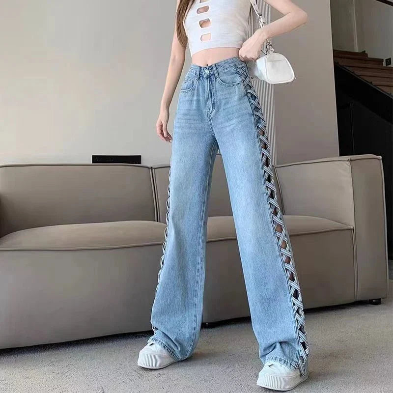 lovwvol Women's Side Hollowed Out Design Blue Jeans Streetwear Denim Trousers Vintage Female Fashion Baggy Pants Street Clothes