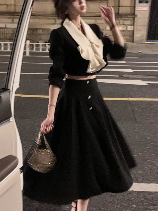 lovwvol Korean Suit Autumn Elegant 2 Piece Dress Set Office Lady Long Sleeve Crop Tops + Casual Black Midi Skirt Woman Slim Retro