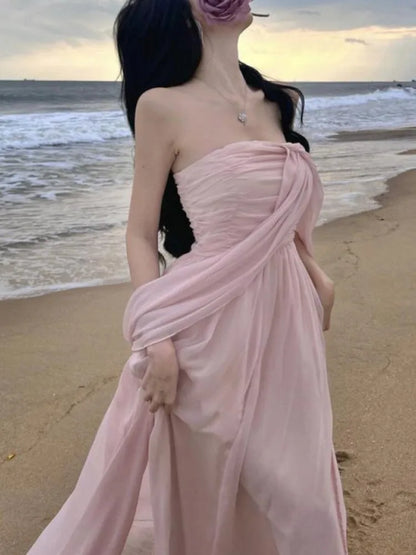 lovwvol Summer Pink Elegant Pleated High Waist Split Long Dress Women Fashion Backless Halter Strapless Fairy Dress Female 2024 Vestido