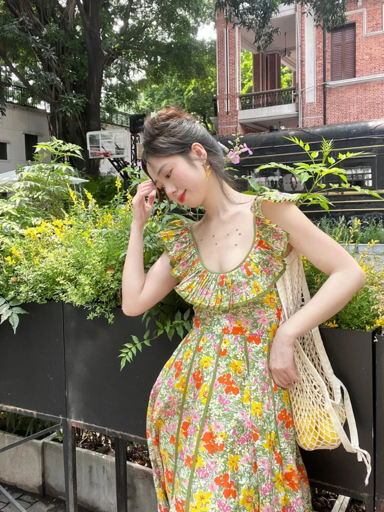 lovwvol Vintage Sweet Floral Robe Beautiful Holiday Style Dress Back Lacing High-waisted Chic Long Skirt Korean Fashion