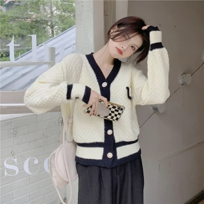 lovwvol   Korean Fashion Chic Vintage Sweater Retro Casual Lazy Sweaters For Women Knitted V-Neck Cardigans Elegant Tops Outwear