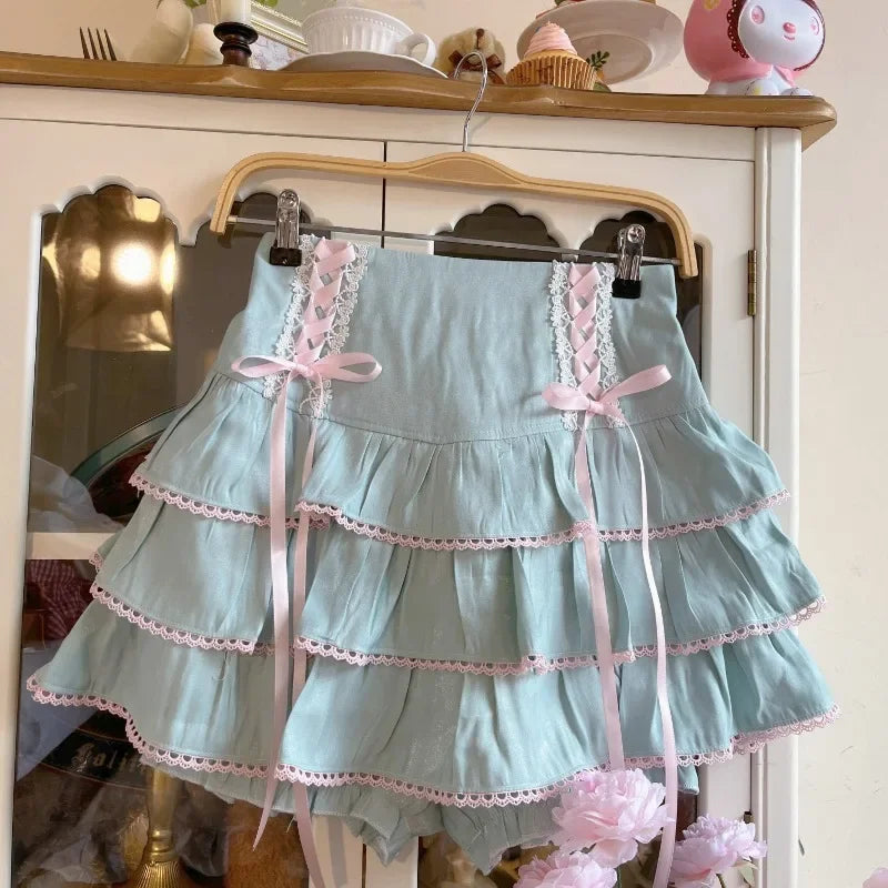 Japanese Kawaii Lolita Style Pleated Skirts Women High Waist Pink Bandage Fairy Y2k Aesthetic Skirt Cute Faldas Mujer Moda