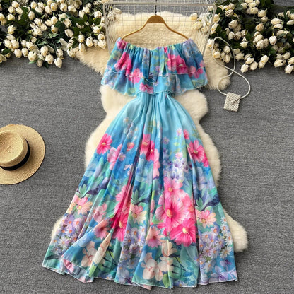 lovwvol Sexy Off Shoulder Bohemian Ruffles Flower Summer Dress Women's Slash Neck Floral Print High Waist Boho Long Robe Vestidos