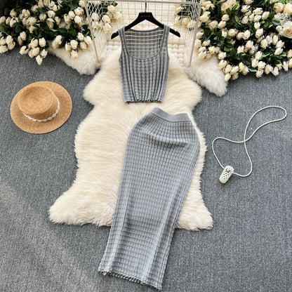 lovwvol Summer Women Fashion Skirt Set Sexy Sleeveless Tank Tops High Waist Slim Long Saya Female Two Piece Suits Knit Solid Clothes