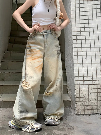 lovwvol  -  Ropa Y2K Grunge Graffiti Distressed Blue Baggy Ripped Jeans Pants For Women Clothes Wide Leg Lady Loose Old Denim Trousers