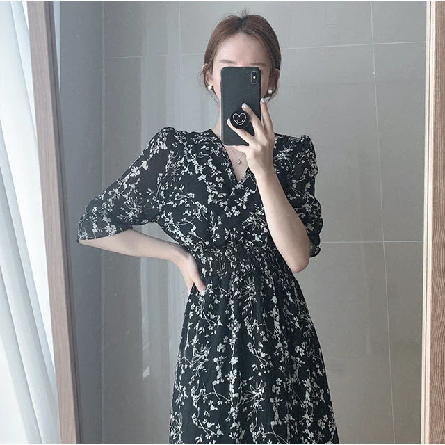 lovwvol Vintage Korea Fashion Clothing Summer Slim Elastic Waist A Line V Neck Elegant Office Lady Floral Chic Chiffon Long Dress Retro