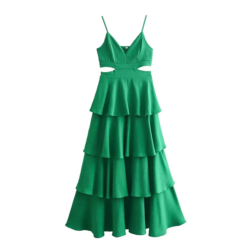 lovwvol New Women Sexy Hollow Out Layered Green Spaghetti Strap Dress Elegant Female Party Long Dresses Maxi