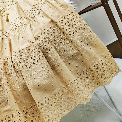 lovwvol Hollow Out Embroidery Cotton Lace Skirts for Women Vintage High Waist Ruffles Long Skirt Casual A-line Boho Falda Summer