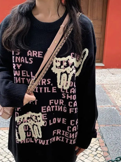 lovwvol  -  Vintage Cat Towel Embroidered Knit Sweater Autumn O Neck Sweater For Women Y2k Outerwear Korean Fashion Long Sleeve Sueter Mujer