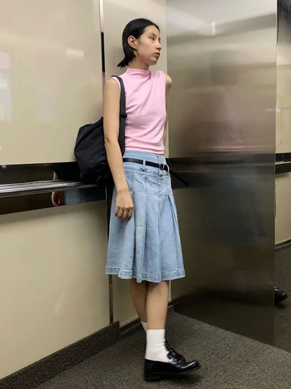 lovwvol  -  Summer Pleated Skirt Women Girls Blue Jeans Midi Knee-length Denim Skirt A-line Long Skirt Y2k Korean Vintage Skirt