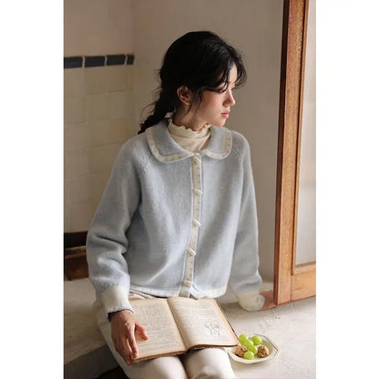 lovwvol Milk Blue Horn Button Cardigan Women Winter Temperament Sweater New Loose Lazy Gentle Doll Collar Knitwears Coat