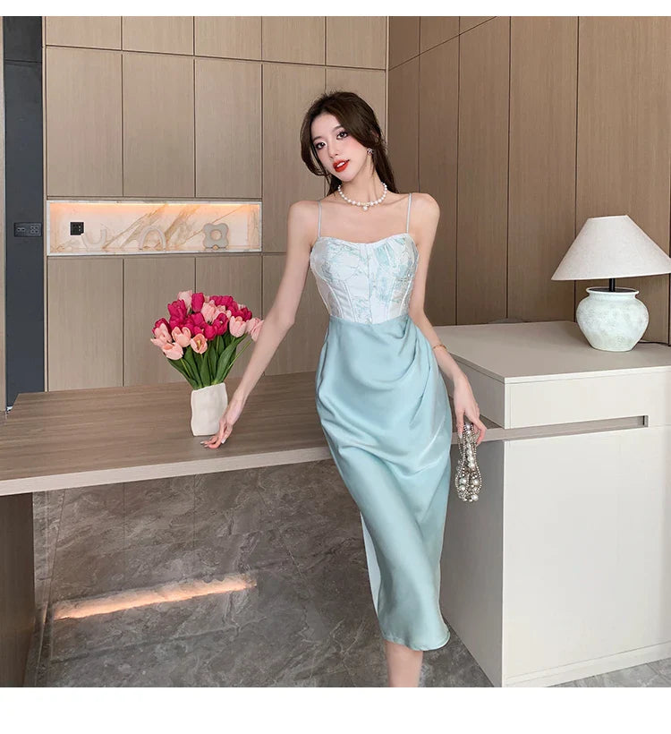 Sexy Backless Midi Dresses for Women Summer Elegant Party Prom Suspender Female Clothes Vestidos Satin Embroidery Evening Dress