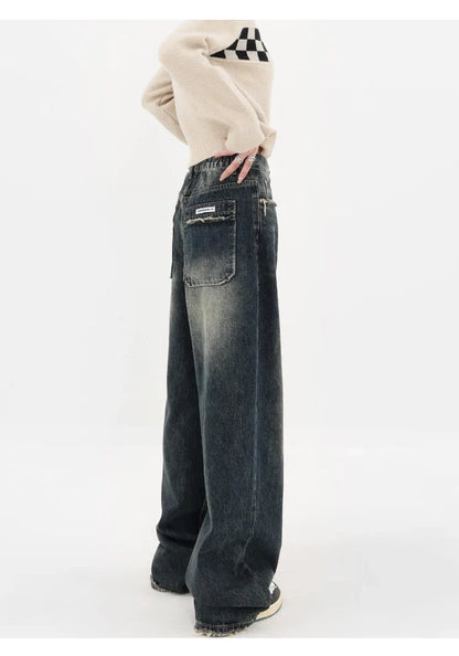 lovwvol Harajuku Streetwear Retro Fashion Autumn Women High Waist Jeans Loose Wide Leg Straight Loose Denim Trousers Y2K Baggy Pants