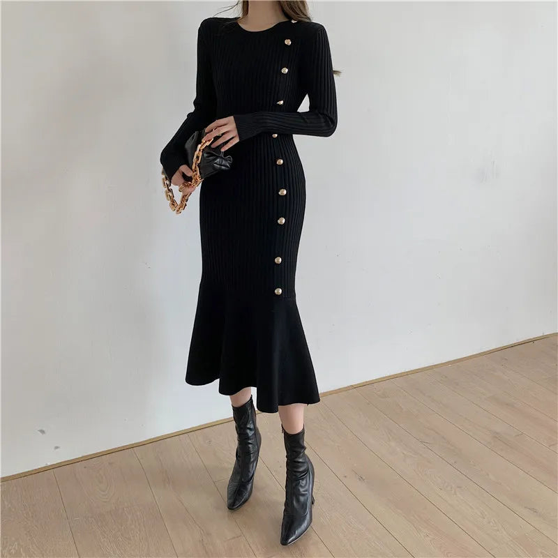 lovwvol Vintage Midi Dresses for Women Clothing Long Sleeve Elegant Button Warm Trumpet Mermaid Knitted Sweater Bodycon Dress Winter New