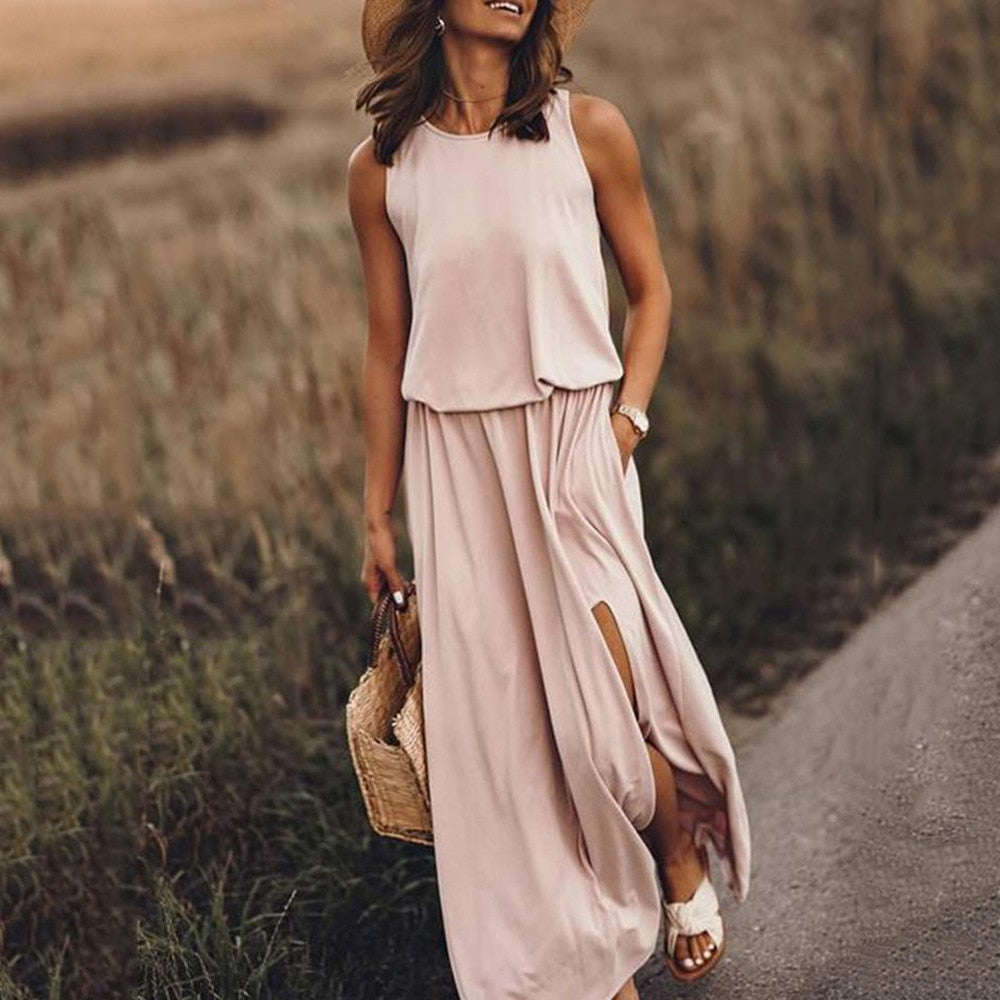 lovwvol lovwvol Summer Solid Long Dress Women Casual Sleeveless Elastic Waist Side Slit Maxi Dresses Female O-Neck Loose Tank Dress Sundress