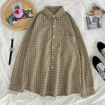 Women Shirt Plaid Oversize Turn-down Collar Leisure Fashion Loose All-match Womens Long Sleeves Soft Chic Korean Style Tops polo