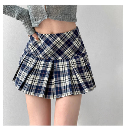 lovwvol Summer Woman Preppy Mini Skirt Pleated Low Waist A-line JK Plaid Kawaii Gyaru Harajuku Fashion 2000s Coquette Japanese Y2k Cute