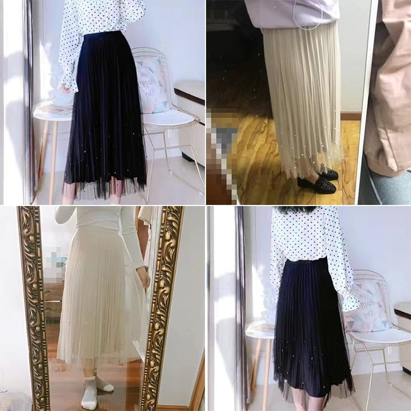 lovwvol Both Sides Wear Pearls Mesh Skirt Women Summer Velvet High Waist Long Skirts Woman Solid Color A Line Pleated Skirts