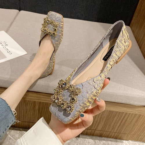 Square Head Flat Shoes Spring and Summer New Black Sequin Rhinestone Soft Bottom Casual Women's Shoes Zapatos De Mujer