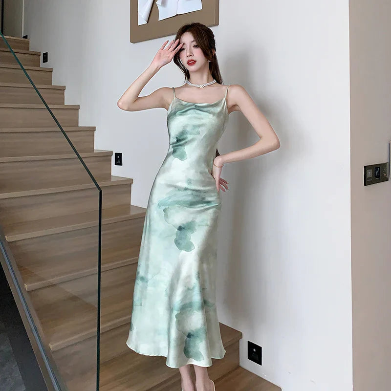 lovwvol Vintage Print Satin Midi Dresses Female  Summer French Elegant Chic Swinging Collar Slim Camisole Green Clothes for Women