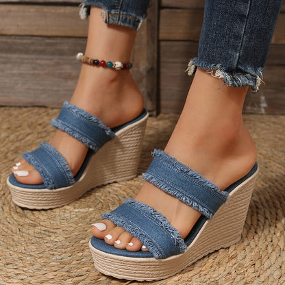 Fashion Denim Blue Wedges Sandals Women Summer 2023 Chunky Platform Heeled Sandals Woman Plus Size 42 Thick Soled Beach Shoes