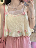lovwvol Japanese Kawaii Chic Tank Top Women Sweet Flower Embroidery Cute Knitted Tanks Lady Preppy Style Casual Sweater Vest Summer