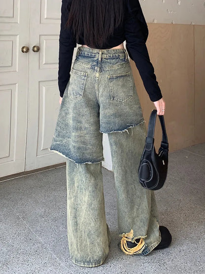 lovwvol  -  Y2K 2000S Streetwear Washed Blue Baggy Ripped Stacked Jeans Pants For Women 90S Vintage Clothes Old Lady Denim Trousers