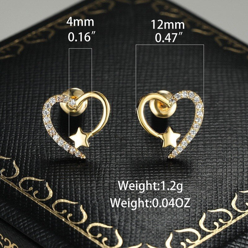 Fashion Gold Colors Star Stud Earrings for Women   Exquisite Metal Heart Zircon Stones Engagement Wedding Earrings Jewelry