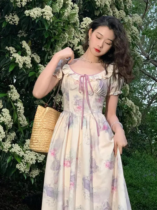 lovwvol French Printing Long Dress Women Bandage Short Puff Sleeve Dress Summer Bodycon Prom Party High Waist Vintage Dresses Woman