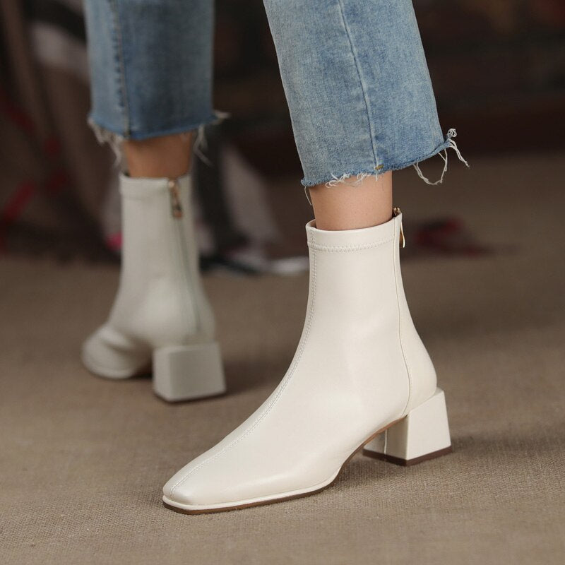 lovwvol Leather Women Riding Ankle Boots SmallHut Spring Autumn Black White Apricot Square Toe High Thick Boots Zipper Splicing Shoes