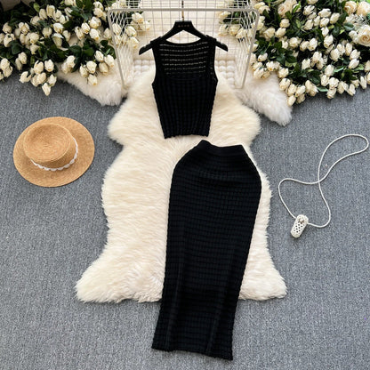 lovwvol Summer Women Fashion Skirt Set Sexy Sleeveless Tank Tops High Waist Slim Long Saya Female Two Piece Suits Knit Solid Clothes