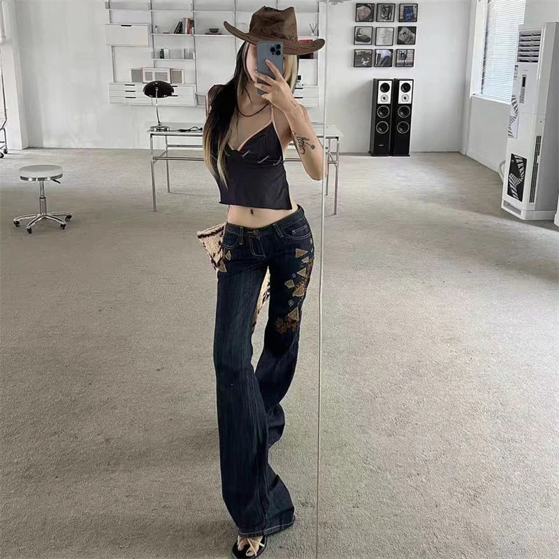 lovwvol Women's Embroidery Low Waisted Micro Flared Jeans Summer New Casual Slim Denim Narrow Pants Female Sexy Bell-bottoms Trousers