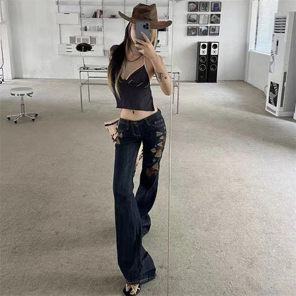 lovwvol Women's Embroidery Low Waisted Micro Flared Jeans Summer New Casual Slim Denim Narrow Pants Female Sexy Bell-bottoms Trousers