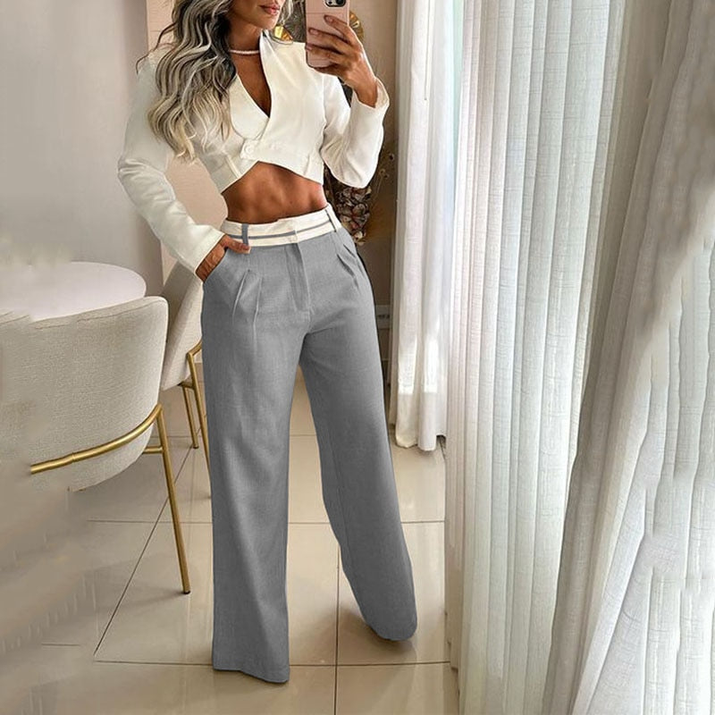 Women Two Piece Set Fashion Solid Long Sleeve Lapel V Neck High Single Button Short Top Loose With Pockets Pants Sets