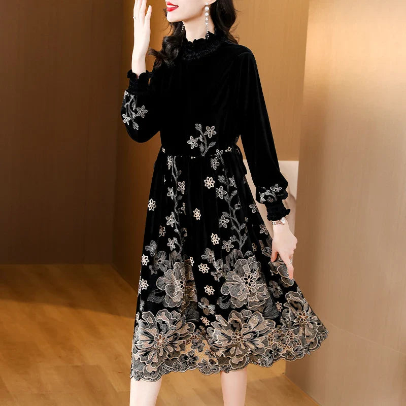 lovwvol Women Luxury Elegant Festival Party Evening Dress Autumn Winter Black Velvet Long Sleeve Loose Dress 2024 Korean Vintage Dresses