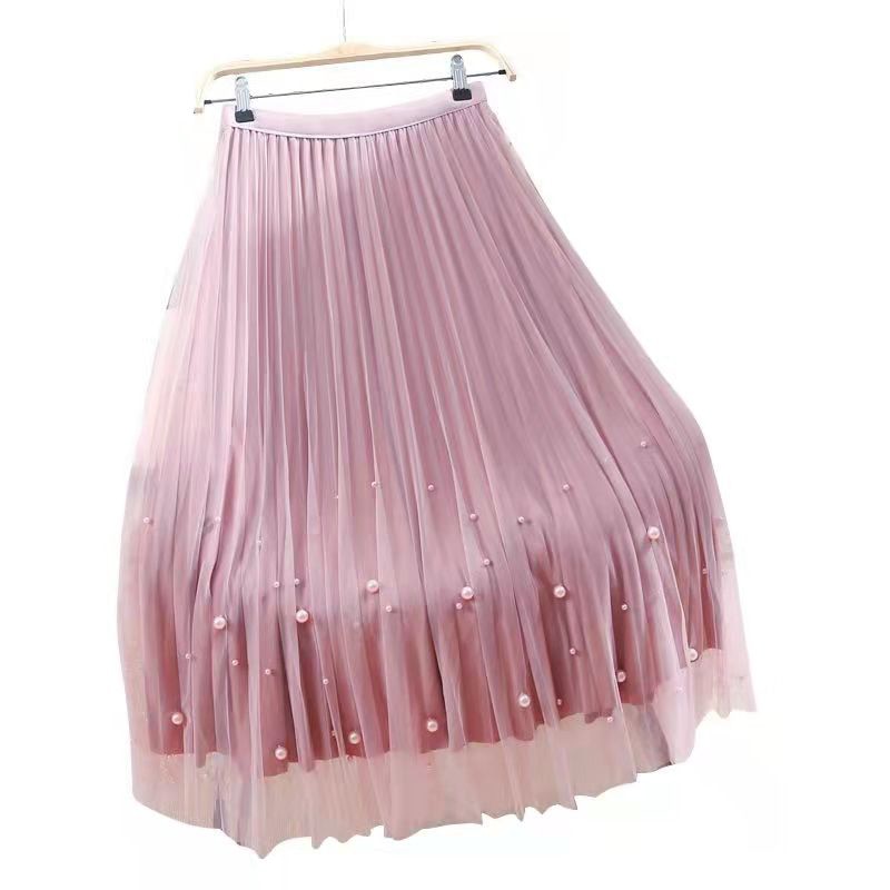 lovwvol Both Sides Wear Pearls Mesh Skirt Women Summer Velvet High Waist Long Skirts Woman Solid Color A Line Pleated Skirts