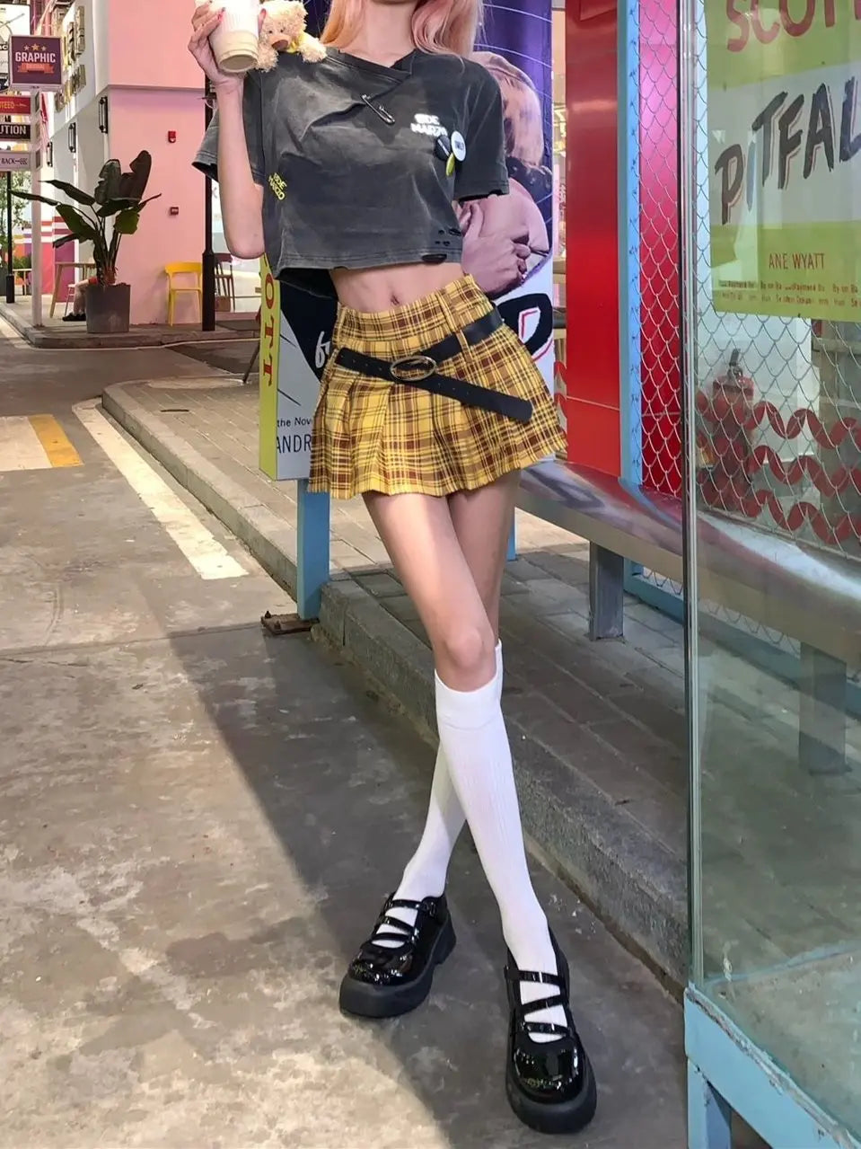 lovwvol Millennium Harajuku Style Y2k Retro American Yellow Plaid Pleated Skirt Women's Design Sense Spice JK Skirt Preppy A-Line Skirt