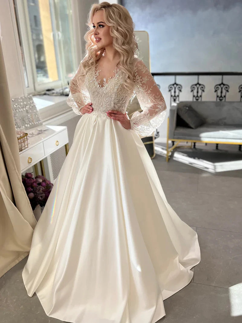 Exquisite A-line Wedding Dress For Bride Princess Lace Appliques Long Puffy Sleeves Vestido De Novia Boda Satin Robe