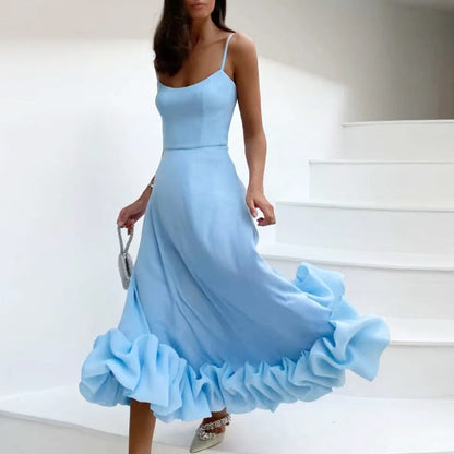 Elegant Curved Hem Dress Women Midi Fashion Floral Large Swing Slip Female A-line Dresses  Summer Backless Party Lady Robe