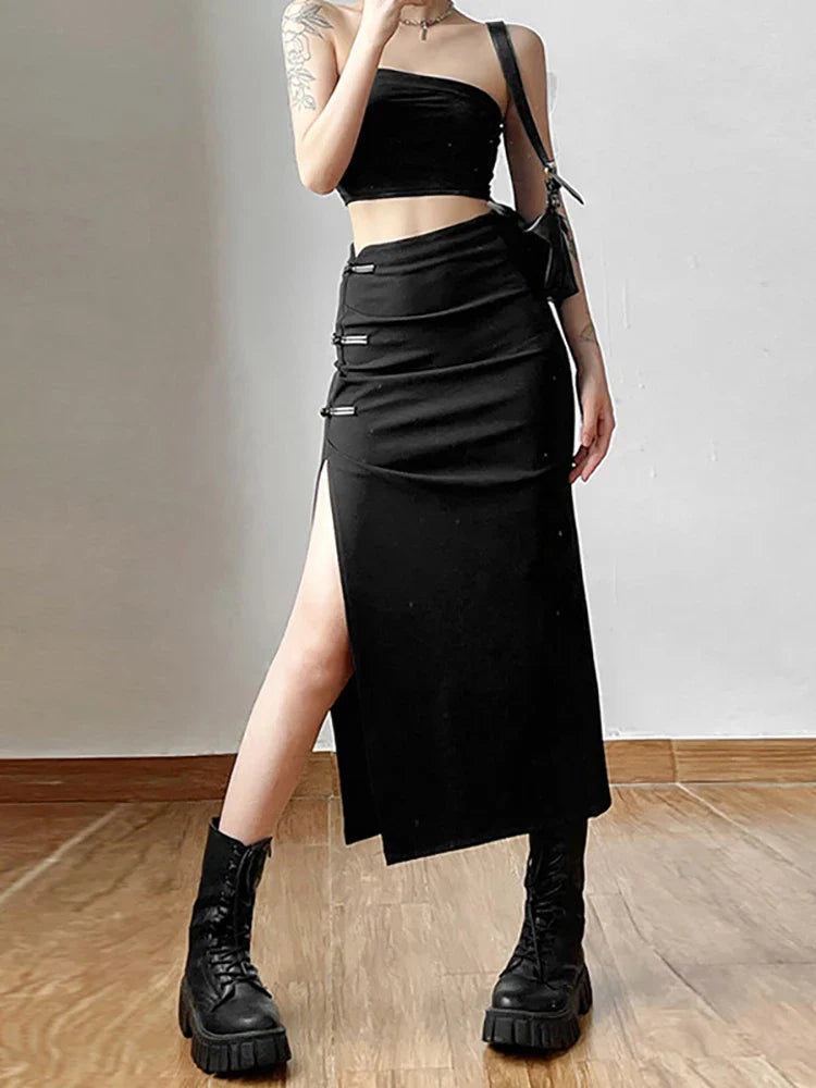 Streetwear Black Y2k Cargo Midi Skirts Grunge Gothic Split Sexy High Waist Skirt For Women Korean Fashion Fall Bottoms